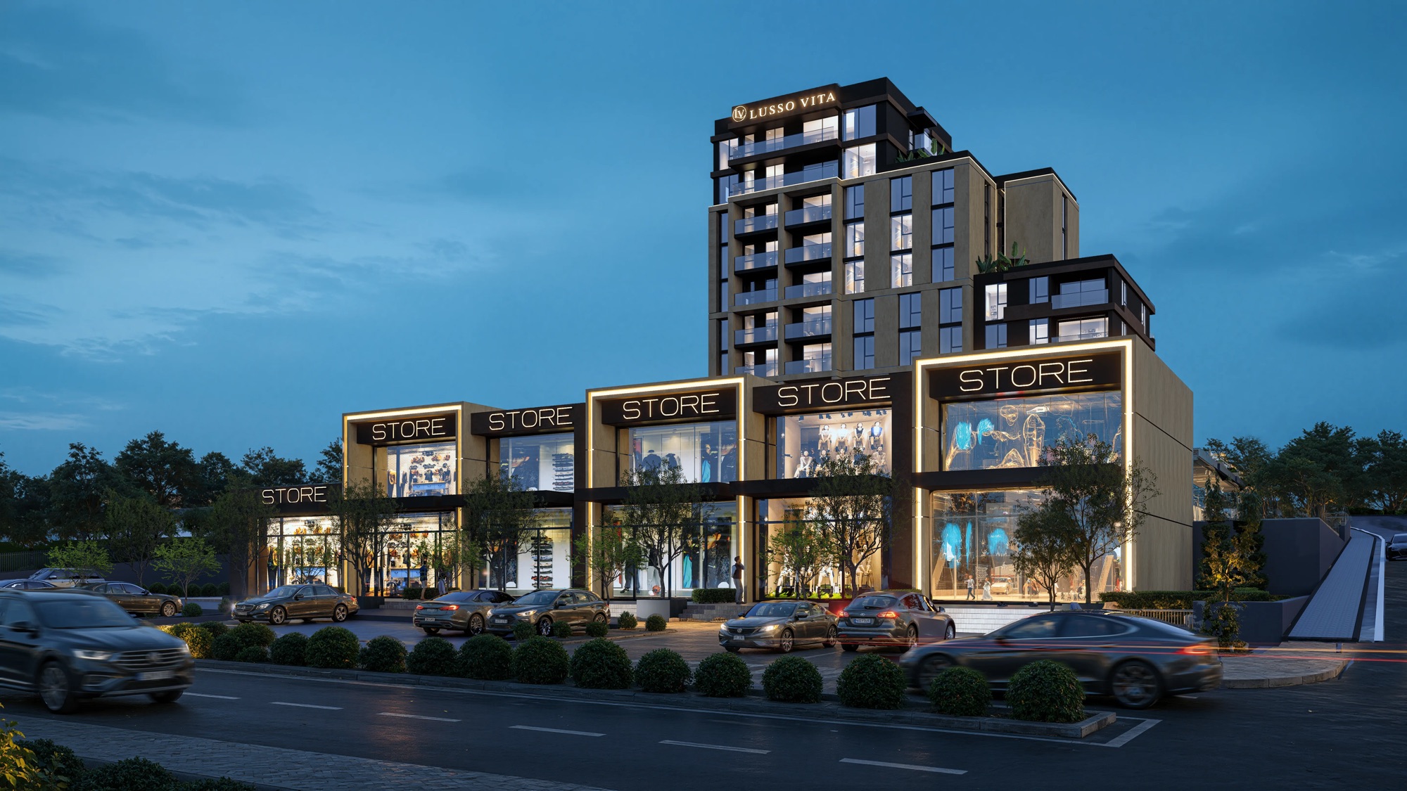 Lusso Vita alacakaranlıkta dış cephe görünümü
